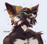  anthro black_body black_fur black_nose blue_eyes canid canine cheek_tuft facial_tuft fangs fox fur hi_res hyilpi inner_ear_fluff light lighting mammal multicolored_body multicolored_fur open_mouth open_smile shaded smile solo teeth tongue tuft white_body white_fur yellow_body yellow_fur 