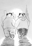  2021 absurd_res anthro blush bottomwear clothing cute_fangs duo eyes_closed felid giant_panda hand_holding hi_res hoodie humanoid_hands kemono male male/male mammal monochrome outside overweight overweight_male pantherine pants shir0anko shirt tiger topwear ursid 
