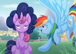  2017 annoyed blue_body cutie_mark day duo equid equine feathered_wings feathers female feral friendship_is_magic grass hair hi_res horn littlehybridshila mammal messy_hair my_little_pony open_mouth outside pegasus pink_eyes plant purple_body rainbow_dash_(mlp) sitting smile smug twilight_sparkle_(mlp) unicorn wings 