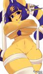  animal_crossing ankha_(animal_crossing) anthro big_breasts blue_hair breasts crossed_arms domestic_cat felid feline felis female genitals hair hi_res inverted_nipples mammal meowcaron nintendo nipples pussy simple_background solo video_games white_background wide_hips yellow_body 