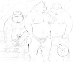  2021 anthro balls bathing belly canid canine canis domestic_dog domestic_pig flaccid genitals group hachirouta hi_res humanoid_genitalia humanoid_hands humanoid_penis kemono male mammal mature_male monochrome moobs nipples overweight overweight_male penis sketch small_penis suid suina sus_(pig) towel ursid water 