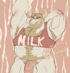  2021 absurd_res anthro armpit_hair asgore_dreemurr balls beard big_muscles blush body_hair boss_monster bottomless bovid caprine chest_hair clothed clothing crop_top english_text eyebrows facial_hair flaccid genitals goat hair hand_behind_back happy_trail hi_res horn humanoid_genitalia humanoid_penis licking licking_lips licking_own_lips male mammal milk muscular muscular_anthro muscular_male nipple_outline one_eye_closed penis pink_background pubes self_lick shadowmatamori shirt signature simple_background smile solo standing tank_top text text_on_clothing text_on_shirt text_on_tank_top text_on_topwear tongue tongue_out topwear undertale undertale_(series) url video_games wink 
