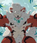  anthro armpit_hair barely_visible_genitalia barely_visible_penis body_hair eyes_covered fur genitals hi_res hisuian_growlithe kiba24 male muscular muscular_male nintendo nipples nude open_mouth outside penis penis_base pok&eacute;mon pok&eacute;mon_(species) pokemon_legends_arceus pubes red_body red_fur solo video_games white_body white_fur 