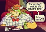  2021 anthro blush bow_tie bowser clothing cute_fangs detailed_background english_text food inside koopa male mario_bros nintendo overweight overweight_male pork_baozu scalie shirt sitting solo text topwear video_games 