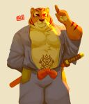  2021 anthro bottomwear clothing eyes_closed fafudahber felid hi_res humanoid_hands kemono male mammal musclegut pantherine pants simple_background slightly_chubby solo tiger weapon 