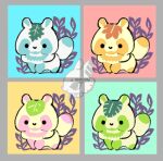  2021 black_eyes black_nose blue_body canid canine chibi dot_eyes feral green_body leaf mammal orange_body pink_body raccoon_dog solo tanuki yencatx 