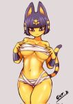  2021 animal_crossing ankha_(animal_crossing) anthro bandage big_breasts black_eyes blue_body blue_fur blue_hair blush breasts chest_wraps claws domestic_cat egyptian felid feline felis female fingers fur gojich1 grey_background hair hand_on_breast headdress hi_res looking_at_viewer mammal markings multicolored_body multicolored_fur navel nintendo raised_tail signature simple_background solo standing striped_markings striped_tail stripes tail_markings thigh_gap uraeus video_games wraps yellow_body yellow_fur 