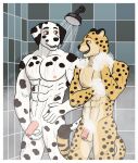  abs absurd_res anthro artsywoodpecker ball_fondling balls border canid canine canis casual_nudity cheetah dalmatian domestic_dog duo felid feline flaccid fondling foreskin fur genitals hi_res male mammal muscular nipples nude pecs penis shower shower_head showering smile spots standing water wet wet_body white_body white_border white_fur 