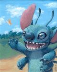 2020 4_arms 4_fingers alien antennae_(anatomy) arthropod back_spines blue_body blue_eyes blue_fur blue_nose butterfly dipstick_antennae disney duo experiment_(lilo_and_stitch) feral fingers fur happy hazelthorn hi_res insect lepidopteran lilo_and_stitch multi_arm multi_limb multicolored_antennae notched_ear oil_painting_(artwork) open_mouth open_smile outside painting_(artwork) reaching semi-anthro smile stitch_(lilo_and_stitch) traditional_media_(artwork) 