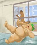  anthro balls bathroom belly blush brown_body brown_fur canid canine duo electric_fan erection fur genitals humanoid_genitalia humanoid_hands humanoid_penis japanese_text kemono male mammal moobs overweight overweight_male penis raccoon_dog sitting suid suina sus_(pig) tanuki tatsugonz text wild_boar 