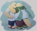  2021 absurd_res anthro arkross1999 bottomwear clothing cu_sith_(tas) duo embrace hi_res hoodie hug humanoid_hands kemono leib_(tas) lifewonders male mammal overweight overweight_male polar_bear scarf shirt shorts tokyo_afterschool_summoners topwear ursid ursine video_games 