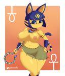  absurd_res animal_crossing ankha_(animal_crossing) anthro big_breasts blue_hair bottomwear breasts clothed clothing domestic_cat featureless_crotch felid feline felis female gammainks hair hand_on_hip hi_res holding_object holding_staff mammal nintendo skirt solo staff topless translucent translucent_clothing usekh video_games wide_hips yellow_body 