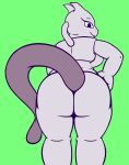  anthro big_butt blue_eyes breasts bubble_butt butt female green_background hand_on_hip hi_res legendary_pok&eacute;mon lexodynaro looking_back mewtwo nintendo nude pok&eacute;mon pok&eacute;mon_(species) presenting presenting_hindquarters raised_tail side_boob simple_background smile solo video_games 