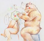  ... anthro band-aid bandage bathing belly brown_body brown_fur duo eyes_closed fur humanoid_hands kemono male mammal overweight overweight_male sitting suid suina sus_(pig) tatsugonz wild_boar 