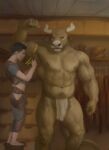  abs anthro armpit_hair body_hair bottomwear bovid bovine brown_body brown_fur bulge clothing duo european_mythology flexing fur greek_mythology hi_res horn human inside larger_anthro loincloth male mammal measuring minotaur mostly_nude muscular muscular_anthro muscular_male mythology navel nipples orcfun pecs pubes size_difference smaller_human tape_measure 