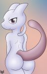  anthro big_butt butt female hi_res legendary_pok&eacute;mon looking_back mewtwo nintendo nude pok&eacute;mon pok&eacute;mon_(species) purple_eyes raised_tail rear_view simple_background smile solo video_games wide_hips zinzoa 