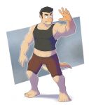  5_fingers 5_toes abstract_background anthro barazoku biceps bottomwear brown_hair claws clothed clothing dragon feet finger_claws fingers fully_clothed hair hi_res human human_to_anthro lumdumgum male mammal mid_transformation muscular muscular_anthro muscular_human muscular_male pecs shirt shorts simple_background solo species_transformation tank_top teeth toes topwear transformation v-cut 