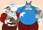  2020 anthro beard belly black_nose blue_body blue_fur bottomwear christmas christmas_clothing christmas_headwear clothing deadanthro duo eyewear facial_hair fur gift glasses hat headgear headwear hi_res holidays humanoid_hands male mammal mature_male moobs moosh mustache navel nintendo oracle_of_ages oracle_of_seasons overweight overweight_male pants red_nose santa_claus santa_hat the_legend_of_zelda ursid video_games 