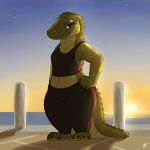  1:1 2021 absurd_res anthro barefoot clothing crocodile crocodilian crocodylid crop_top digital_media_(artwork) feet female full-length_portrait green_body hi_res light lighting looking_at_viewer louart outside portrait purple_eyes reptile scalie shaded shirt short_stack signature sky slightly_chubby smile solo standing topwear 