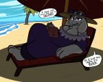  5:4 anthro beach book boss_monster bovid breasts caprine cleavage clothed clothing dialogue english_text eyewear female glasses hat headgear headwear hi_res horn mammal outside sand seaside sky solo text toriel trout_(artist) umbrella undertale undertale_(series) video_games water 