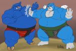  2020 absurd_res anthro asian_clothing belly blue_body blue_fur clothing deadanthro duo east_asian_clothing fur ganon hi_res humanoid_hands japanese_clothing male mammal mawashi moobs moosh nintendo nipples oracle_of_ages oracle_of_seasons overweight overweight_male suid suina sumo sus_(pig) the_legend_of_zelda underwear video_games wild_boar wings 