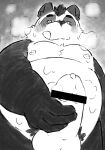  2021 absurd_res anthro balls belly blush censored erection genitals giant_panda hi_res humanoid_genitalia humanoid_hands humanoid_penis kemono male mammal monochrome moobs nipples overweight overweight_male penis shir0anko solo tongue tongue_out ursid 