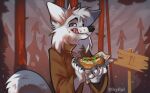  anthro black_nose burger canid canine cheek_tuft clothed clothing detailed_background digital_media_(artwork) facial_tuft food fur head_tuft hi_res holding_burger holding_food holding_object hyilpi licking licking_lips licking_own_lips light lighting mammal outside self_lick shaded solo tongue tongue_out tuft white_body white_fur 