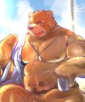  2021 anthro barely_visible_genitalia barely_visible_penis bodily_fluids brown_body brown_fur brown_nose cai_yuwang can container flaccid fur genitals hi_res humanoid_hands kemono male mammal moobs musclegut navel nipples outside overweight overweight_male penis pubes sandy18569215 sitting solo sweat ursid 