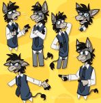  anthro asinus black_body black_fur black_hair black_necktie blue_clothing blue_topwear blue_vest clothing crossed_arms donkey dress_shirt equid equine eyes_closed eyewear fur gesture glasses googly_eyes grey_body grey_fur hair hand_on_head hand_on_side hi_res long_hair male mammal necktie pointing shirt simple_background smile solo surprise tan_body tan_fur tinydeerguy tongue_showing topwear white_clothing white_dress_shirt white_shirt white_topwear yellow_background 