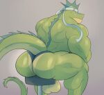  2021 absurd_res accessory anthro back_muscles balls big_balls big_butt big_muscles butt clothing crocobu furniture genitals grey_background headband hi_res huge_butt huge_muscles lizard looking_back male muscular muscular_anthro muscular_male rear_view reptile ryder_(crocobu) scalie simple_background sitting solo stool thick_thighs thong underwear 