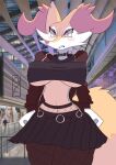  2021 andre_art angry anthro big_breasts blush blush_lines bottomwear braixen breasts chain clothed clothing collar digital_media_(artwork) ear_piercing female fishnet fishnet_legwear fur goth inner_ear_fluff legwear looking_at_viewer midriff_top mouth_piercing navel nintendo pants photo_background piercing pok&eacute;mon pok&eacute;mon_(species) red_body red_eyes signature skirt solo teeth topwear tuft video_games yellow_body yellow_fur 
