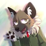  1:1 2021 4_fingers aggressive_retsuko anthro clothing fingers fur gesture green_clothing green_jacket green_topwear haida hi_res hyaenid jacket kaliner123 male mammal netflix open_mouth sanrio simple_background solo text topwear waving white_background 