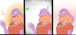  anthro clothed clothing cobra comic dialogue duo female fish flexet_(photolol.03) hi_res keeshee male male/female marine photolol.03 purple_body reptile scalie shark simple_background snake text yellow_eyes 