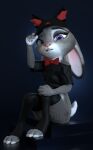  2021 3d_(artwork) anthro blue_background bottomless bow_tie claws clothed clothing digital_media_(artwork) disney ears_down eyebrows eyelashes feet female fingers fur grey_body grey_fur hand_on_knee hand_on_leg headgear headwear hi_res judy_hopps lagomorph legwear leporid long_ears looking_at_viewer mammal melo mostly_nude multicolored_body multicolored_ears multicolored_fur open_mouth pink_nose pivoted_ears purple_eyes rabbit short_tail simple_background solo stockings teeth toe_claws toeless_legwear toes topwear white_body white_fur zootopia 