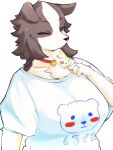  2021 3:4 anthro big_breasts blush breasts brown_body brown_fur canid canine canis clothed clothing collar domestic_dog eyes_closed female food fur hi_res huge_breasts japanese_text kemono mammal multicolored_body multicolored_fur neck_tuft pawpads popsicle red_collar ring simple_background snout solo takeshi_kemo teeth text translated tuft two_tone_body two_tone_fur white_background white_body white_fur 