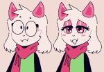  2021 anthro blush bovid bovid_horn caprine caprine_horn clothed clothing comparison deceased_bunny_(artist) deltarune eyelashes eyeshadow eyewear fangs fur glasses goat goat_horn horn humanoid makeup male mammal pink_eyes ralsei scarf simple_background solo undertale_(series) video_games white_background white_body white_fur 