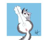  anthro anus bigratjoe blue_background butt feet female foot_fetish fur helluva_boss humanoid_feet loona_(helluva_boss) simple_background soles solo white_body white_fur 