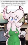  absurd_res anthro apron apron_only barista breasts camelid clothing container cup digital_media_(artwork) ear_piercing english_text female green_apron hi_res i_mean_breast_milk industrial_piercing leah_(leo_llama) leo_llama llama looking_at_viewer mammal meme mostly_nude nonbinary_(lore) piercing shaded solo standing starbucks text 