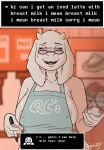 anthro apron apron_only areola areola_slip blush bodily_fluids bovid breasts caprine clothing container cup deltarune dessert digital_media_(artwork) english_text eyewear female food glasses goat hi_res i_mean_breast_milk ice mammal marker mature_female meme monster mostly_nude nipple_outline pasta pie soda_fountain solo spaghetti sweat sweatdrop terryeternity text text_box text_on_apron text_on_clothing toriel undertale undertale_(series) video_games 