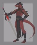  2021 anthro black_body black_scales clothing digital_media_(artwork) fingerless_gloves furdo gloves grey_background grin handwear harness hi_res holding_object holding_sword holding_weapon idrysse3 male melee_weapon muscular muscular_anthro muscular_male plantigrade red_body red_scales reptile scales scalie simple_background smile solo standing strap_around_arm straps sword weapon 