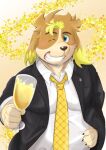  alcohol anthro beverage blue_eyes canid canine canis champagne champagne_glass clothing domestic_dog floppy_ears grin hi_res hisaki_(live-a-hero) lifewonders live-a-hero male mammal nazebesu_hobby necktie one_eye_closed slightly_chubby smile solo suit video_games wink 