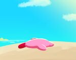  2021 alien ambiguous_gender atruedonaldist bald barefoot beach cloud feet flat_(disambiguation) hi_res humor kirby kirby_(series) kirby_and_the_forgotten_land lying multicolored_body multicolored_skin nintendo not_furry nude on_front on_ground on_sand outside pink_body pink_skin raised_arm red_body red_skin round_body sand sea seaside shadow sky solo video_games waddling_head water 
