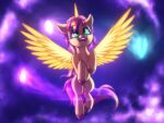  2021 4:3 absurd_res crystal cutie_mark digital_media_(artwork) equid equine female flying friendship_is_magic green_eyes hair hasbro hi_res hooves horn mammal mlp_g5 multicolored_hair my_little_pony night open_mouth orange_body pink_hair rainbow_hair shad0w-galaxy simple_background sky smile solo sunny_starscout_(mlp) winged_unicorn wings yellow_wings 