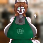  ... 1:1 absurd_res animatronic anthro apron apron_only big_breasts blue_eyes breasts brown_hair clothing digital_media_(artwork) domestic_cat felid feline felis female fighter_of_the_stars green_apron hair hi_res huge_breasts i_mean_breast_milk machine mammal meme mostly_nude mouthless noz_(fots) robot sketch solo starbucks thick_thighs 