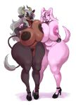  2020 absurd_res anthro areola big_breasts biped bovid bovine breast_squish breasts brown_body brown_fur canid canine canis cattle countershade_fur countershading dark_nipples domestic_dog duo female fur genitals green_eyes grey_hair hair hi_res high_heels huge_breasts littledoggy69 mammal nipples_touching nude pink_body pink_eyes pink_fur pink_hair pussy simple_background solii_(gizmo1205) squish standing tail_tuft tan_body tan_fur tuft white_background 