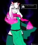  &lt;3 absurd_res accessory anthro boss_monster bovid bow bow_accessory bow_ribbon cape caprine clothing deltarune elemental_manipulation english_text eyewear fire fire_manipulation furgonomics girly glasses goat heart_clothing heart_print hi_res horn horn_accessory horn_bow horn_ribbon magic_user male mammal print_clothing ralsei ribbons scarf solo text text_box undertale undertale_(series) video_games wasileus 