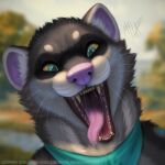  1:1 2021 anthro artist_name bandanna blue_bandanna blue_eyes blue_kerchief blurred_background bodily_fluids detailed_mouth domestic_ferret dripping drooling footprint fur glistening glistening_eyes grass grey_body grey_fur hi_res kerchief looking_at_viewer male mammal mouth_shot mustela mustelid musteline mylafox open_mouth open_smile outside pawprint pink_nose plant saliva saliva_drip saliva_on_tongue saliva_string salivating signature sky smile solo teeth text tongue tongue_out tree true_musteline url whiskers white_body white_fur yellow_sclera 