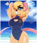  absurd_res anthro beauty_mark buckteeth cleavage_cutout clothing female fur hair hi_res mammal mouse murid murine one-piece_swimsuit raised_arms rodent solo swimwear teeth water wet wet_body wet_fur wireless_shiba 