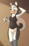  10:16 2021 anthro blue_eyes bottomless bread breasts canid canine canis casual_exposure claws cleft_of_venus clothed clothing container cup digital_media_(artwork) domestic_dog female finger_claws food food_in_mouth footwear fur genitals grey_body grey_fur hana_(jishinu) hand_behind_head hi_res holding_cup holding_object husky jishinu looking_at_viewer mammal nipple_outline nordic_sled_dog pussy shaded shirt simple_background small_breasts socks solo spitz tank_top text toast toast_in_mouth topwear url white_body white_fur wide_hips 