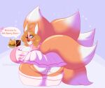  &lt;3 2021 5_tails ahoge anthro apron bent_over beverage big_breasts blonde_hair blue_eyes bottomwear breasts burger canid canine cleavage cleavage_cutout clitoris clothed clothing dialogue digital_media_(artwork) english_text female food fox fur genitals hair heart_before_text huge_breasts kaji_(kajinokitsune) lidded_eyes lips looking_at_viewer looking_back mammal multi_tail neck_tuft no_underwear one_eye_closed open_mouth open_smile orange_body orange_fur partially_clothed presenting pussy rear_view shaded skimpy skirt smile soda solarissativa solo sparkles speech_bubble text text_with_heart thick_lips toony tuft wink 
